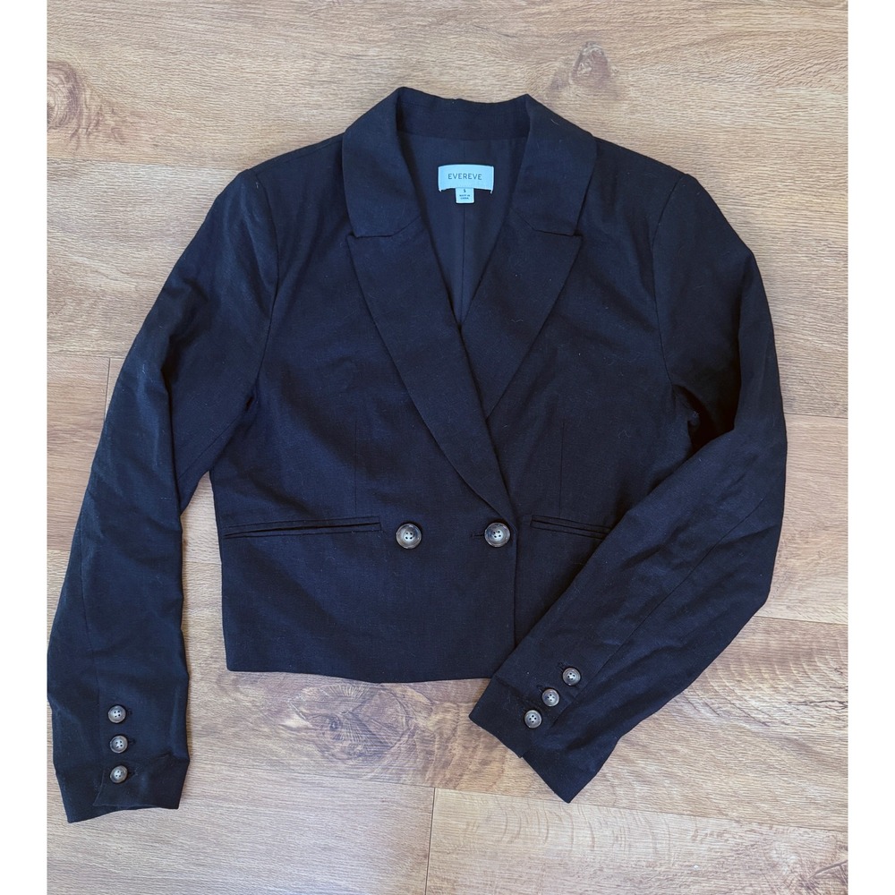 Evereve Womens‎ Black Cropped Linen Blazer Jacket Size S Career Business Preppy
